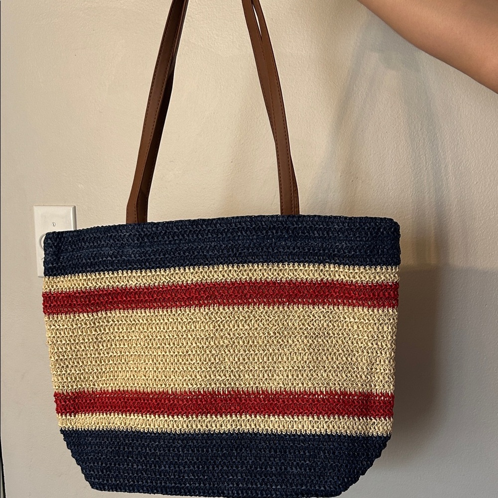 Striped Straw Tote Bag in Navy, Cream & Red